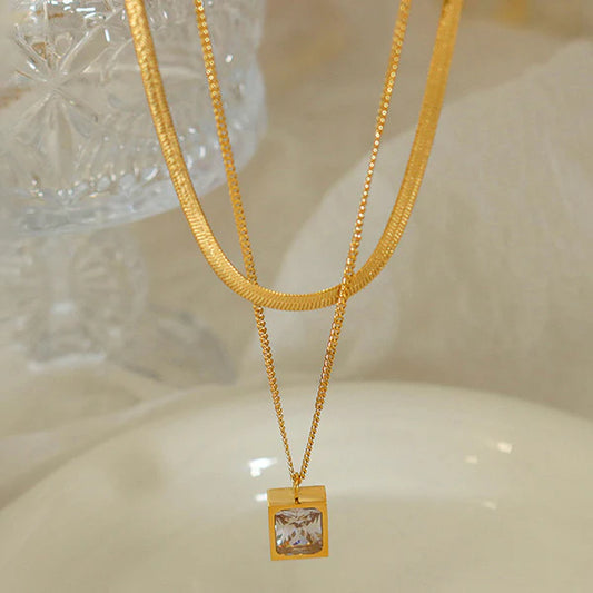 White Emerald Geometric Layered Necklace