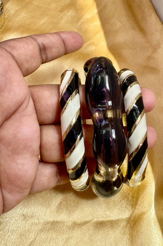 NOIR MOOD TRIO – Black & Cream Enamel With Plum Resin Bangle Stack