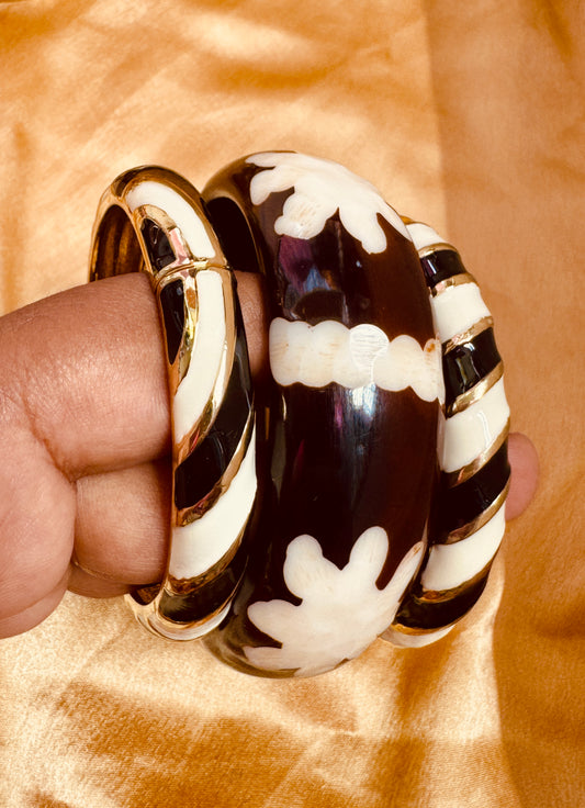 MONO BLOOM TRIO – Black & Cream Enamel With Floral Resin Stack