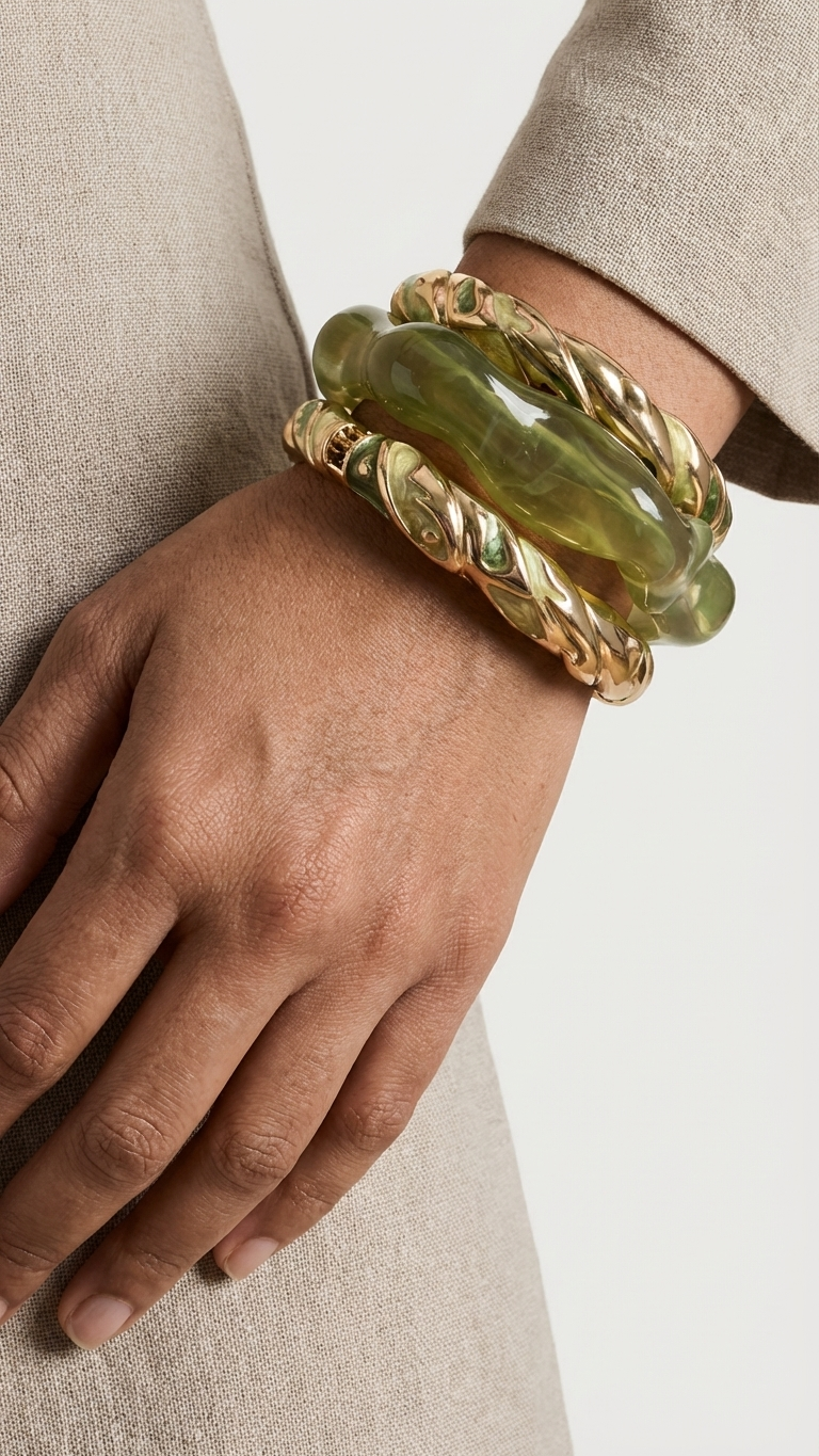 EMERALD GLOW TRIO – The Green Resin & Enamel Gold Bangle Set (3 Pc)