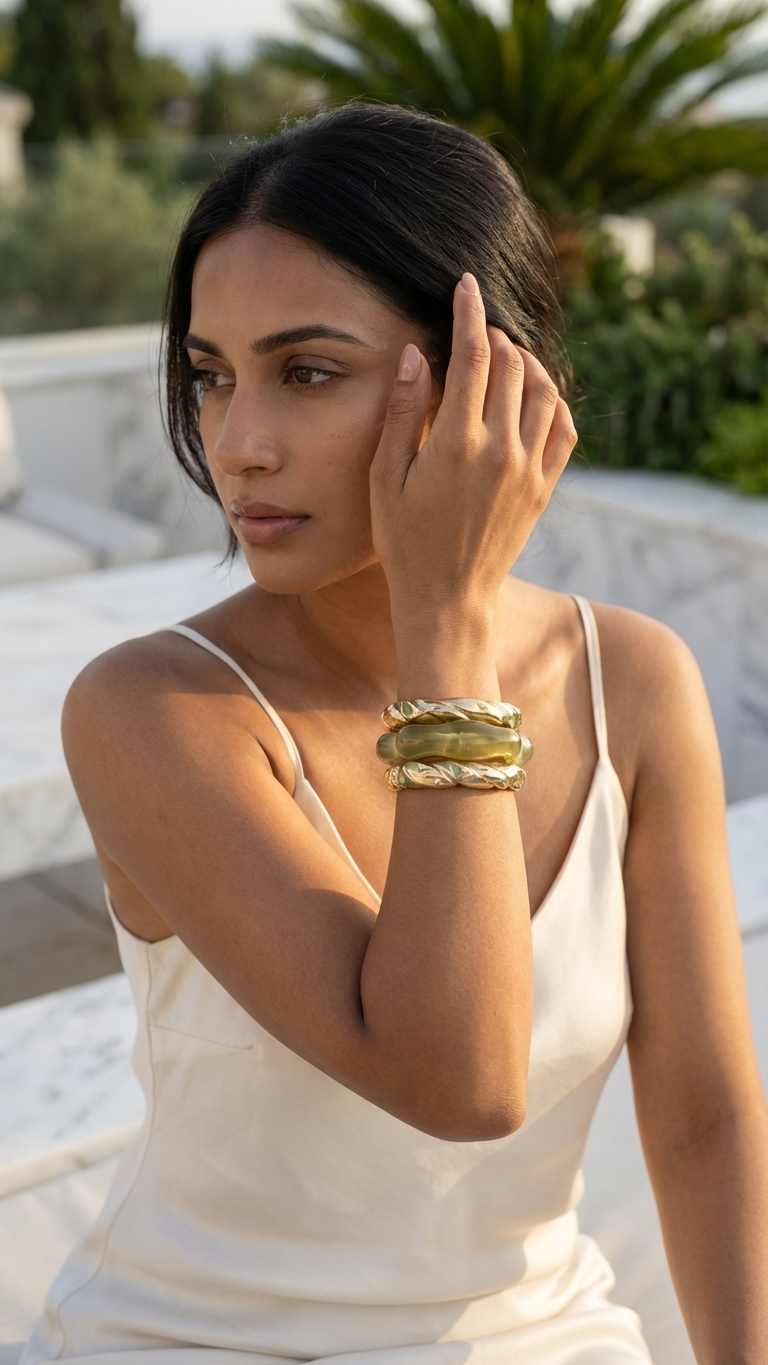EMERALD GLOW TRIO – The Green Resin & Enamel Gold Bangle Set (3 Pc)