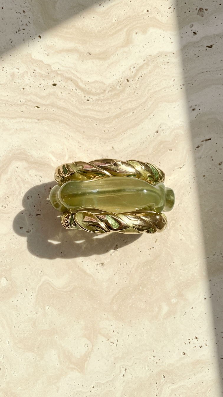 EMERALD GLOW TRIO – The Green Resin & Enamel Gold Bangle Set (3 Pc)
