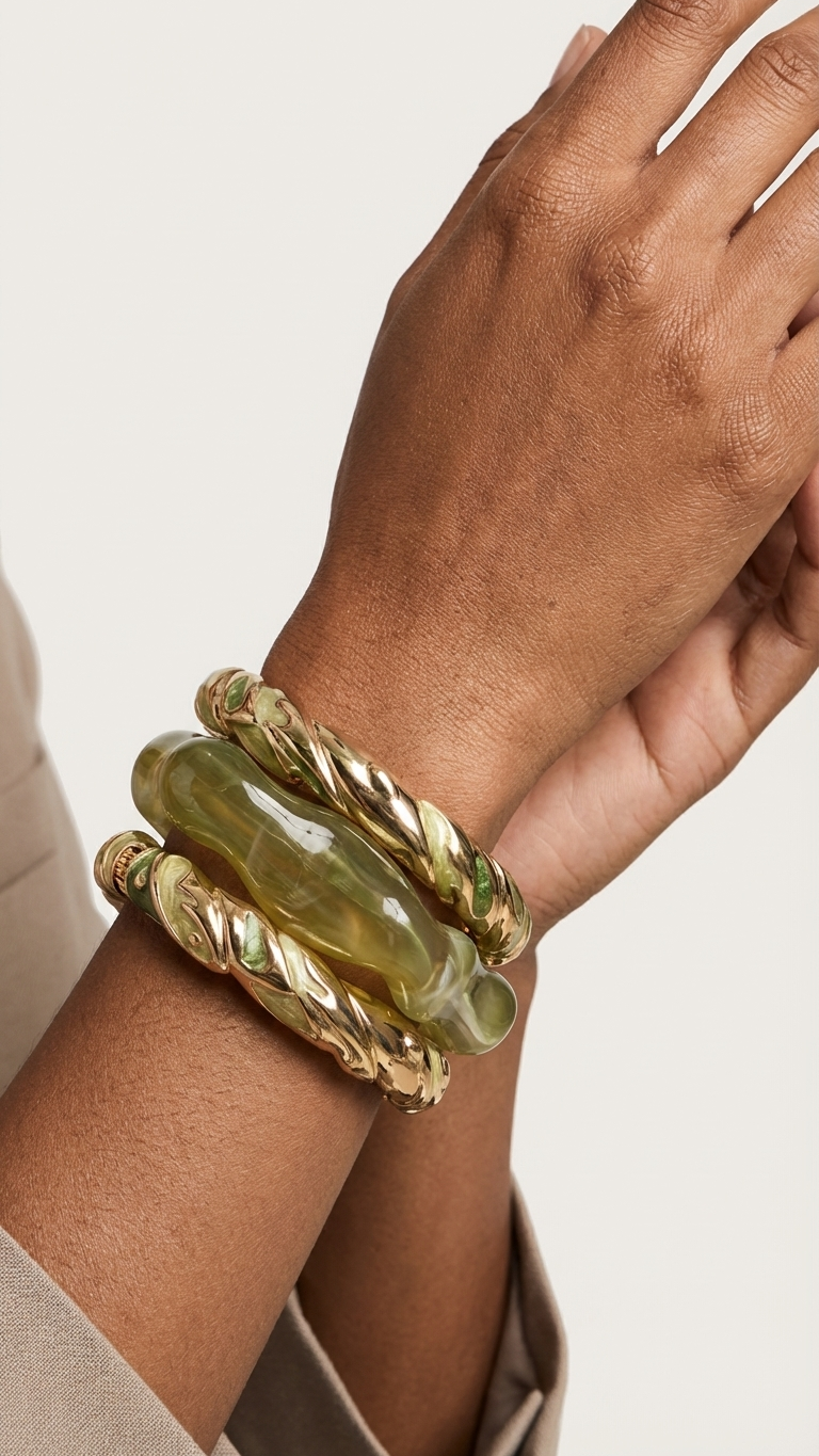 EMERALD GLOW TRIO – The Green Resin & Enamel Gold Bangle Set (3 Pc)
