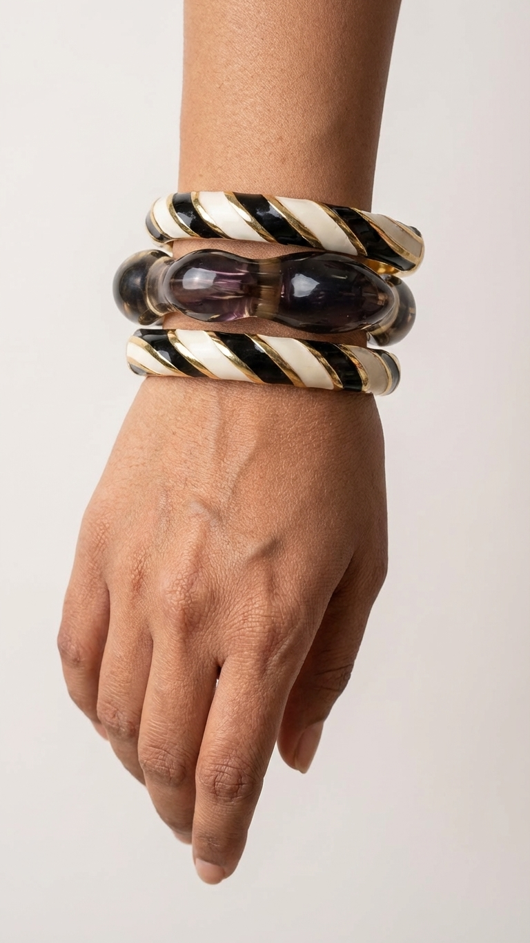 NOIR MOOD TRIO – Black & Cream Enamel With Plum Resin Bangle Stack