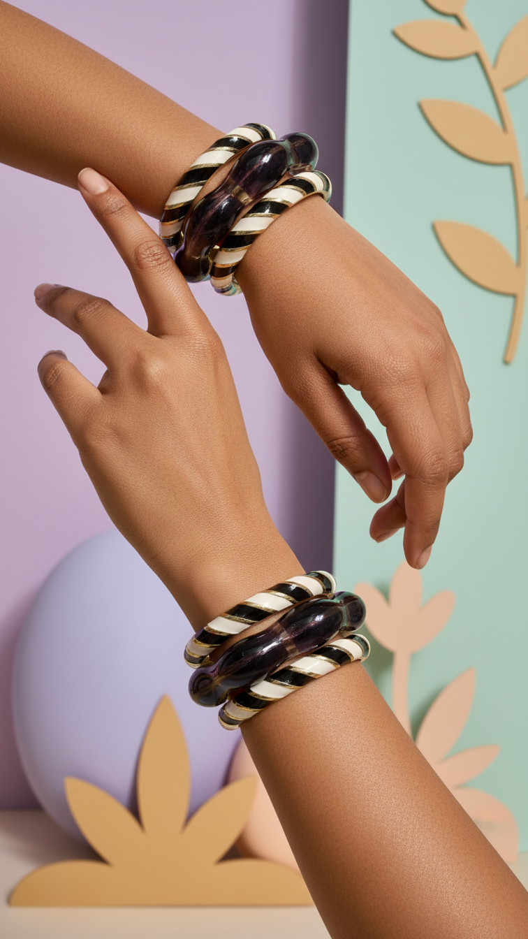 NOIR MOOD TRIO – Black & Cream Enamel With Plum Resin Bangle Stack