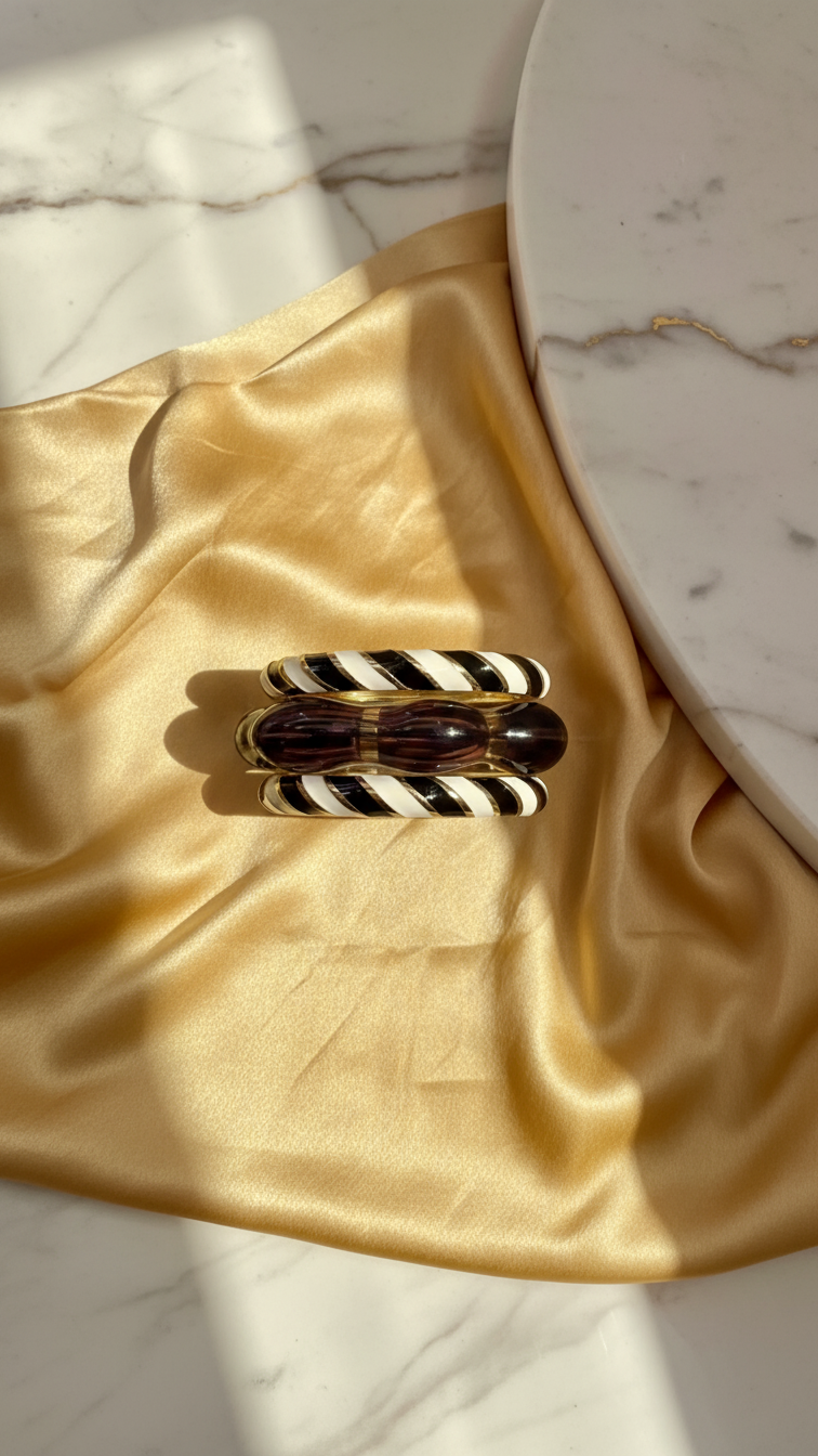 NOIR MOOD TRIO – Black & Cream Enamel With Plum Resin Bangle Stack