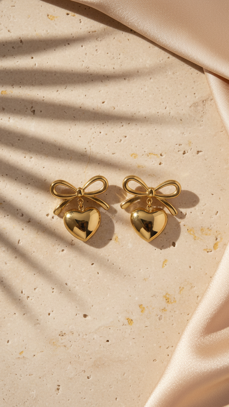 Bellisse – Golden Bowdrop Heart Earrings