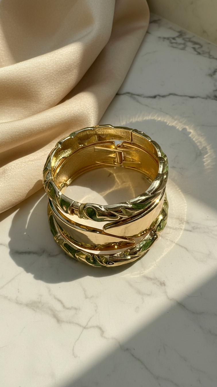 VERDE AURA TRIO – The Green Enamel & Gold Statement Bangle Set (3 Pc)