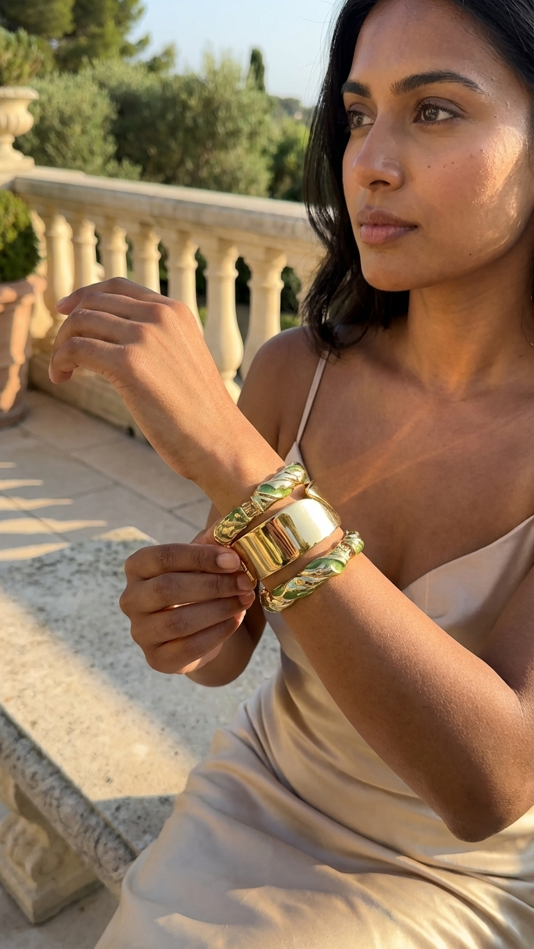 VERDE AURA TRIO – The Green Enamel & Gold Statement Bangle Set (3 Pc)