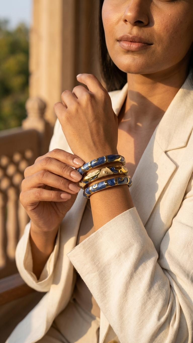 AZURA TIDE TRIO – The Deep Blue Enamel Statement Bangle Set (3 Pc)