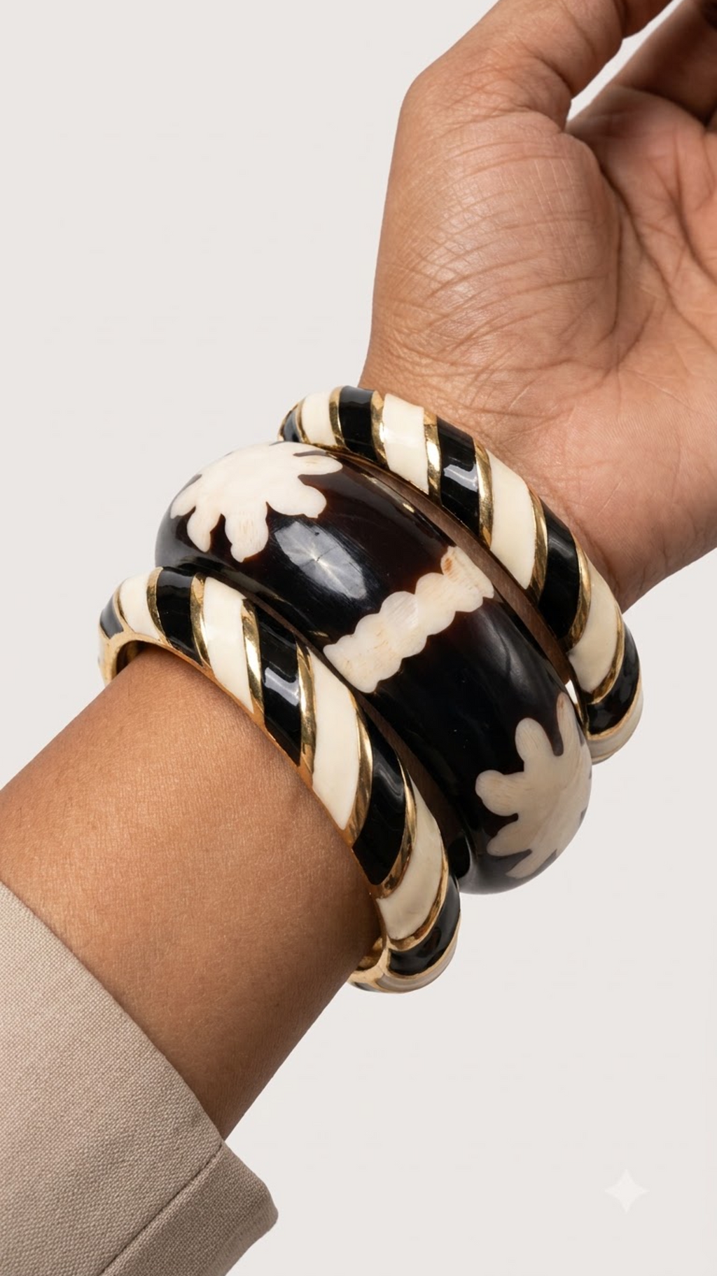 MONO BLOOM TRIO – Black & Cream Enamel With Floral Resin Stack