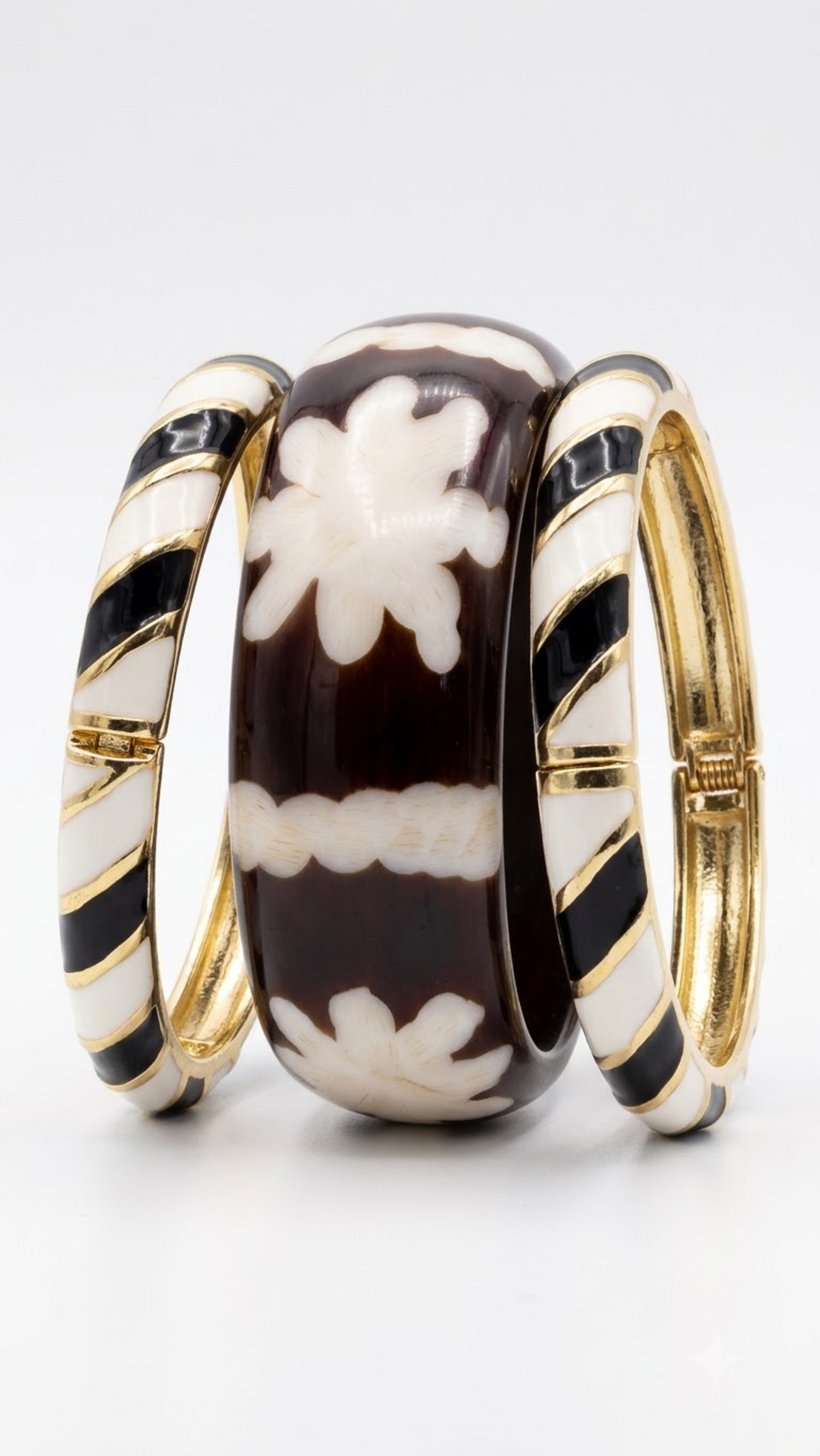 MONO BLOOM TRIO – Black & Cream Enamel With Floral Resin Stack