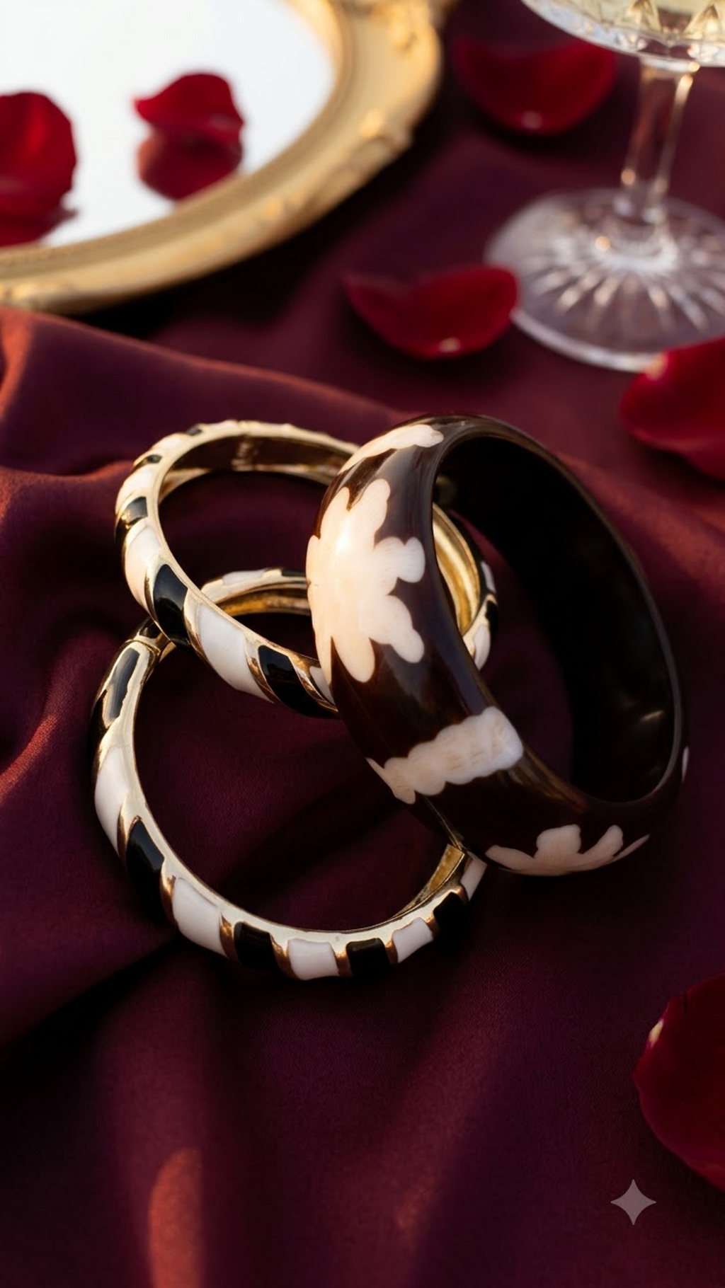 MONO BLOOM TRIO – Black & Cream Enamel With Floral Resin Stack