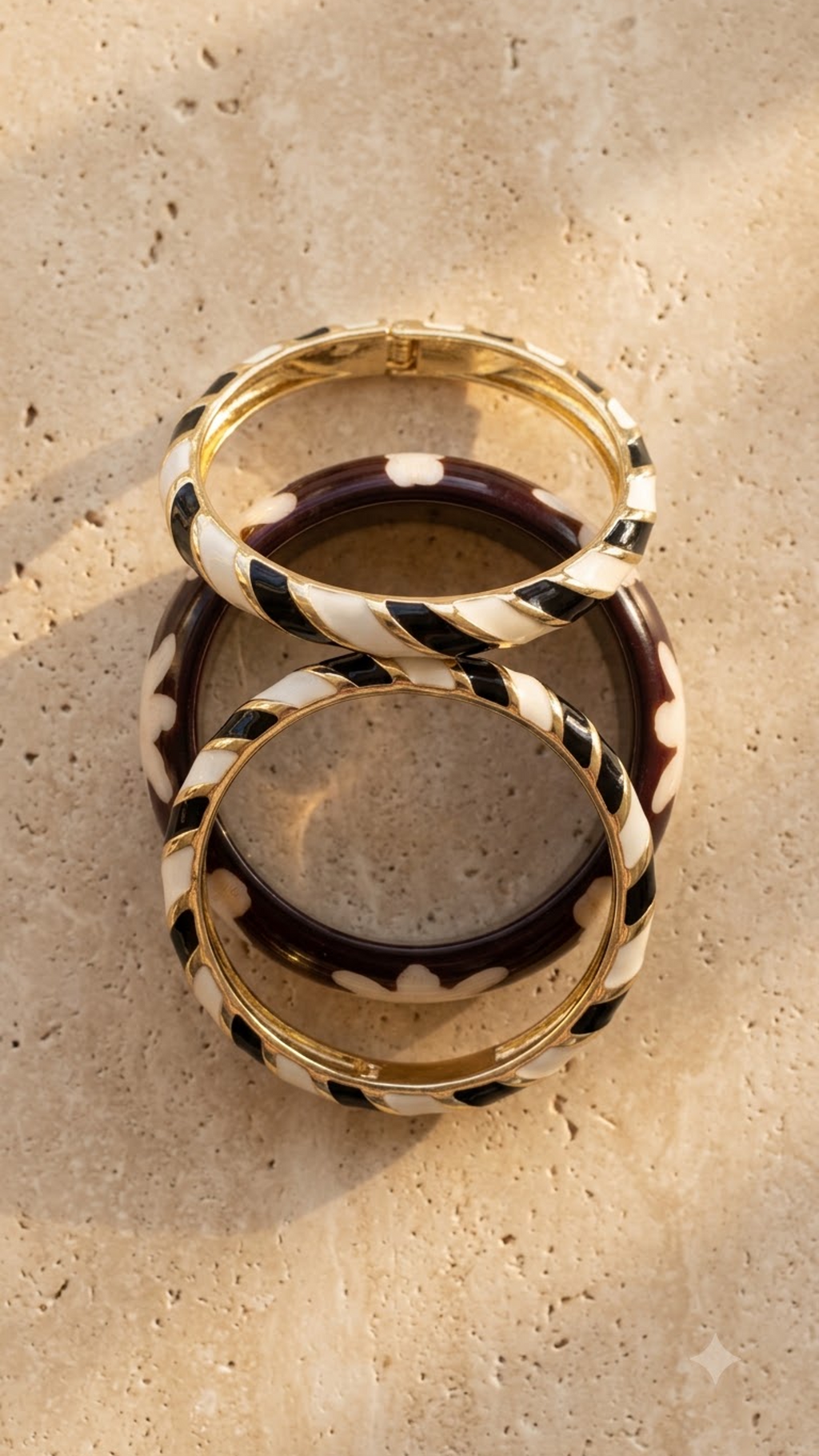 MONO BLOOM TRIO – Black & Cream Enamel With Floral Resin Stack
