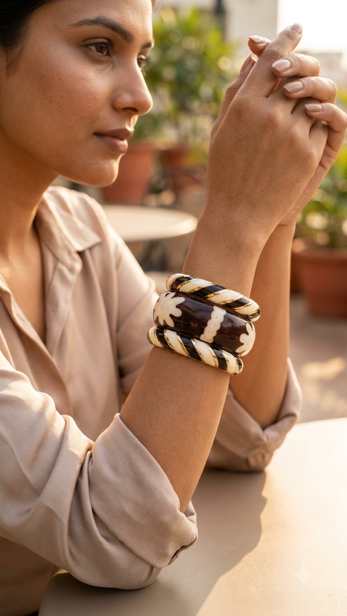 MONO BLOOM TRIO – Black & Cream Enamel With Floral Resin Stack