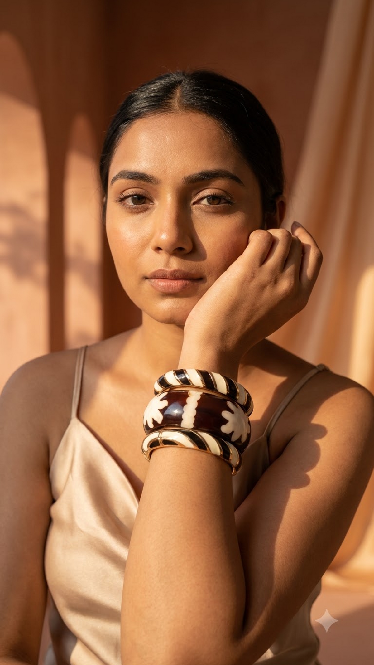 MONO BLOOM TRIO – Black & Cream Enamel With Floral Resin Stack